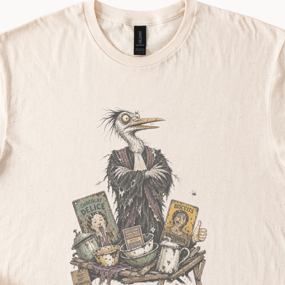 Woodcut Style Dark Humor Bird Graphic Tee - Picture 1 of 5